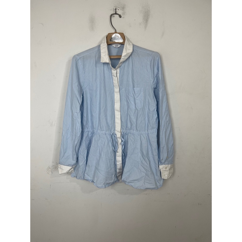 Crown & Ivy Womens Blue White Pinstripe Drawstring Waist Peplum Shirt Large